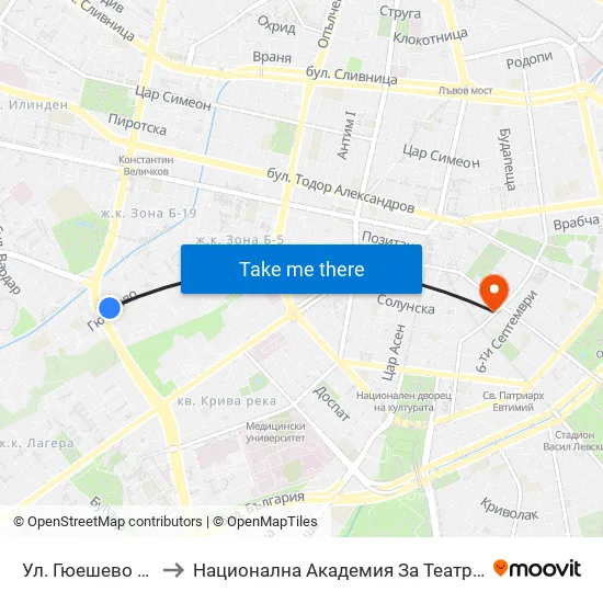 Ул. Гюешево / Gyueshevo St. (1156) to Национална Академия За Театрално И Филмово Изкуство Кръстьо Сарафов map