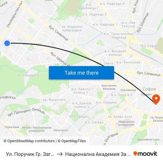 Ул. Поручик Гр. Загорски / Poruchik Gr. Zagorski St. (2133) to Национална Академия За Театрално И Филмово Изкуство Кръстьо Сарафов map