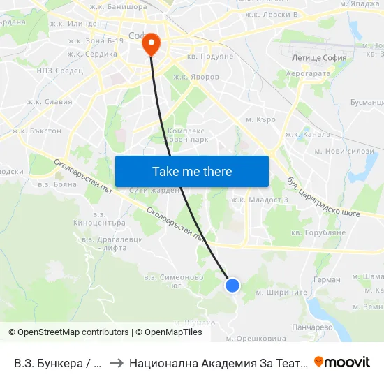 В.З. Бункера / Bunkera Villa Zone (2657) to Национална Академия За Театрално И Филмово Изкуство Кръстьо Сарафов map