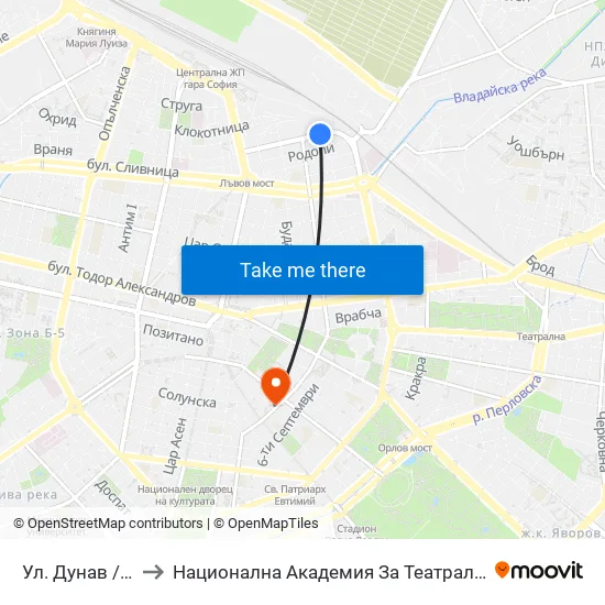 Ул. Дунав / Dunav St. (1940) to Национална Академия За Театрално И Филмово Изкуство Кръстьо Сарафов map