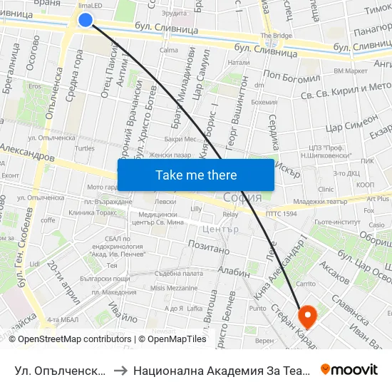 Ул. Опълченска / Opalchenska St. (2081) to Национална Академия За Театрално И Филмово Изкуство Кръстьо Сарафов map