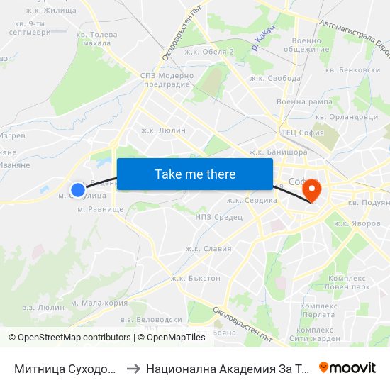 Митница Суходол / Suhodol Custom-House (1070) to Национална Академия За Театрално И Филмово Изкуство Кръстьо Сарафов map
