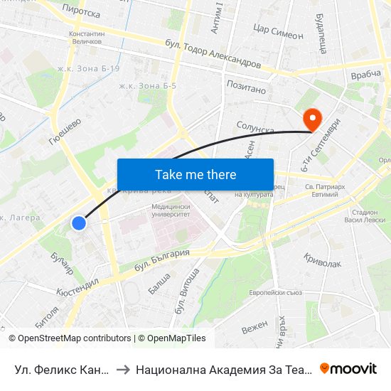 Ул. Феликс Каниц / Feliks Kanitz St. (2423) to Национална Академия За Театрално И Филмово Изкуство Кръстьо Сарафов map