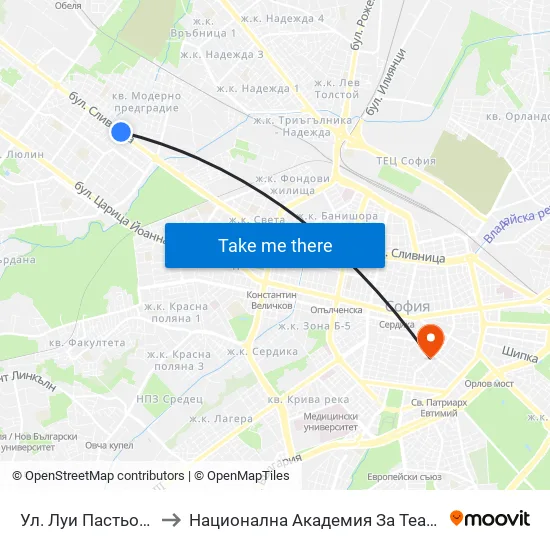Ул. Луи Пастьор / Louis Pasteur St. (2166) to Национална Академия За Театрално И Филмово Изкуство Кръстьо Сарафов map