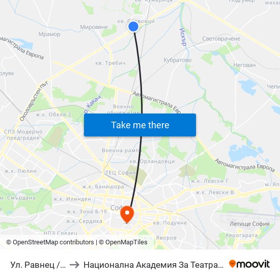 Ул. Равнец / Ravnets St. (2150) to Национална Академия За Театрално И Филмово Изкуство Кръстьо Сарафов map