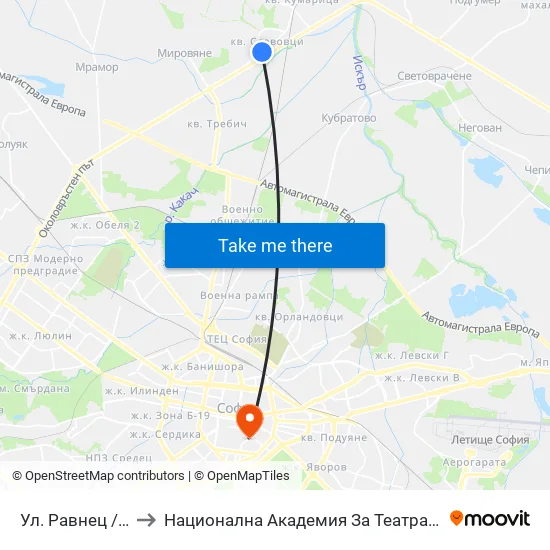 Ул. Равнец / Ravnets St. (2150) to Национална Академия За Театрално И Филмово Изкуство Кръстьо Сарафов map