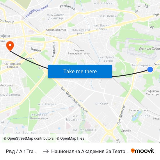 Рвд / Air Traffic Management (2453) to Национална Академия За Театрално И Филмово Изкуство Кръстьо Сарафов map