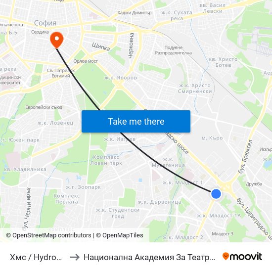Хмс / Hydrometric Station (2318) to Национална Академия За Театрално И Филмово Изкуство Кръстьо Сарафов map