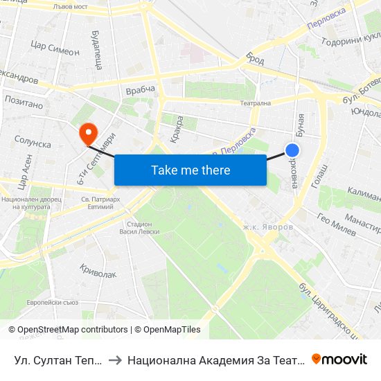 Ул. Султан Тепе / Sultan Tepe St. (2194) to Национална Академия За Театрално И Филмово Изкуство Кръстьо Сарафов map