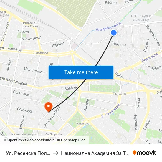 Ул. Ресенска Поляна / Resenska Polyana St. (2156) to Национална Академия За Театрално И Филмово Изкуство Кръстьо Сарафов map