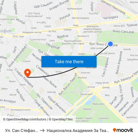 Ул. Сан Стефано / San Stefano St. (2169) to Национална Академия За Театрално И Филмово Изкуство Кръстьо Сарафов map