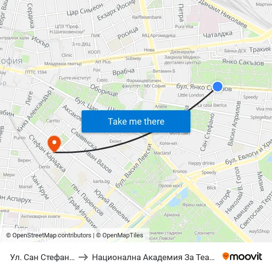 Ул. Сан Стефано / San Stefano St. (2169) to Национална Академия За Театрално И Филмово Изкуство Кръстьо Сарафов map