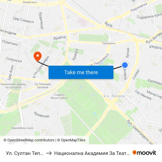 Ул. Султан Тепе / Sultan Tepe St. (2195) to Национална Академия За Театрално И Филмово Изкуство Кръстьо Сарафов map