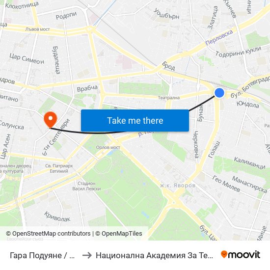 Гара Подуяне / Poduyane Train Station (0473) to Национална Академия За Театрално И Филмово Изкуство Кръстьо Сарафов map