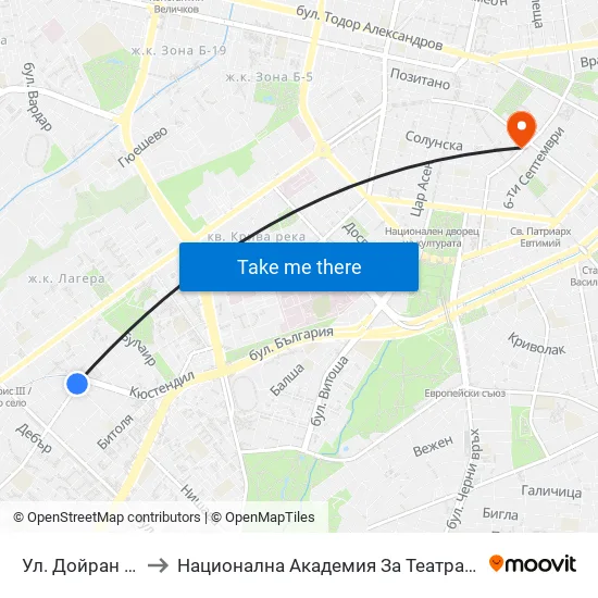 Ул. Дойран / Doyran St. (1936) to Национална Академия За Театрално И Филмово Изкуство Кръстьо Сарафов map