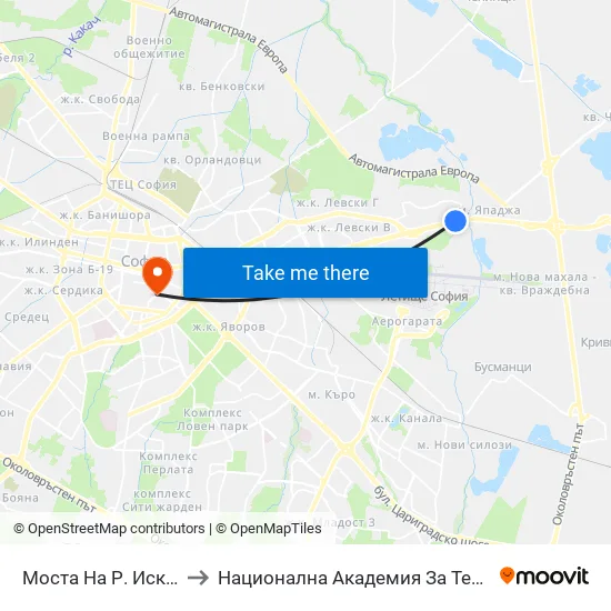 Моста На Р. Искър / Iskar River Bridge (1098) to Национална Академия За Театрално И Филмово Изкуство Кръстьо Сарафов map