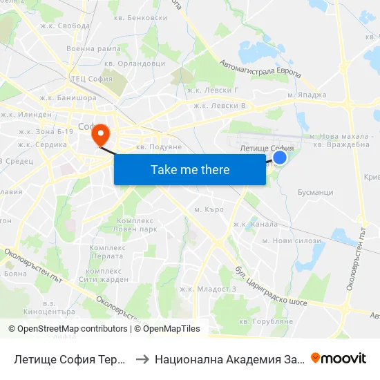 ✈️Ⓜ️ Летище София Терминал 2 / Sofia Airport Terminal 2 (2454) to Национална Академия За Театрално И Филмово Изкуство Кръстьо Сарафов map