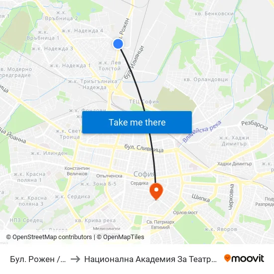 Бул. Рожен / Rozhen Blvd. (2575) to Национална Академия За Театрално И Филмово Изкуство Кръстьо Сарафов map