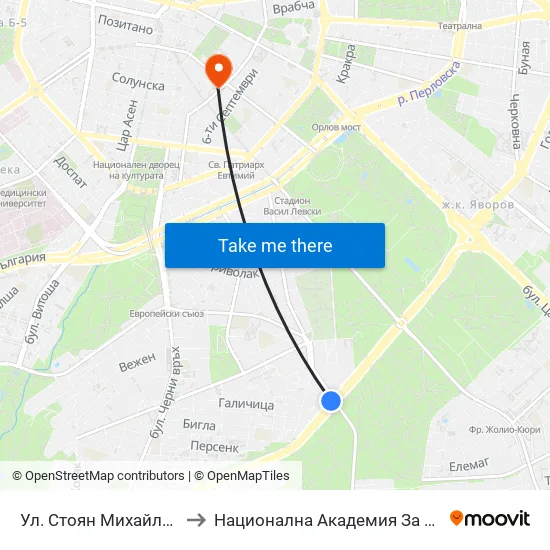 Ул. Стоян Михайловски / Stoyan Mihaylovski St. (2190) to Национална Академия За Театрално И Филмово Изкуство Кръстьо Сарафов map