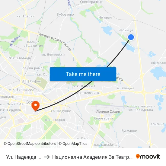 Ул. Надежда / Nadezhda St. (1223) to Национална Академия За Театрално И Филмово Изкуство Кръстьо Сарафов map