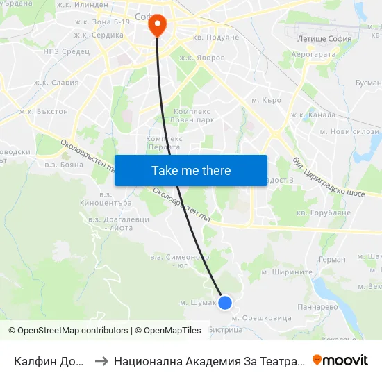 Калфин Дол / Kalfin Dol (2268) to Национална Академия За Театрално И Филмово Изкуство Кръстьо Сарафов map