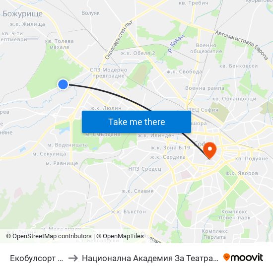 Екобулсорт / Ecobulsort (2521) to Национална Академия За Театрално И Филмово Изкуство Кръстьо Сарафов map