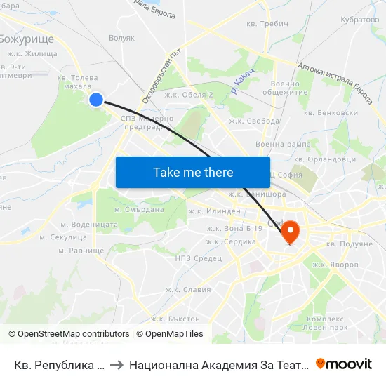 Кв. Република 2 / Republika 2 Qr (2527) to Национална Академия За Театрално И Филмово Изкуство Кръстьо Сарафов map