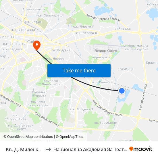 Кв. Д. Миленков / D. Milenkov Qr. (0833) to Национална Академия За Театрално И Филмово Изкуство Кръстьо Сарафов map