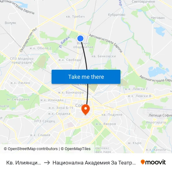 Кв. Илиянци / Iliyantsi Qr. (0848) to Национална Академия За Театрално И Филмово Изкуство Кръстьо Сарафов map