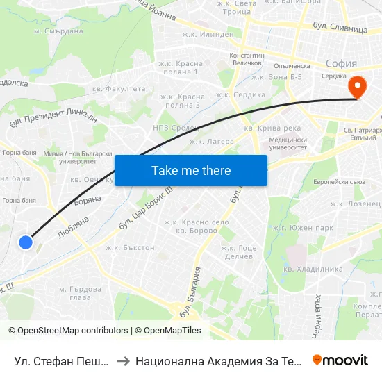 Ул. Стефан Пешев / Stefan Geshev St. (2192) to Национална Академия За Театрално И Филмово Изкуство Кръстьо Сарафов map
