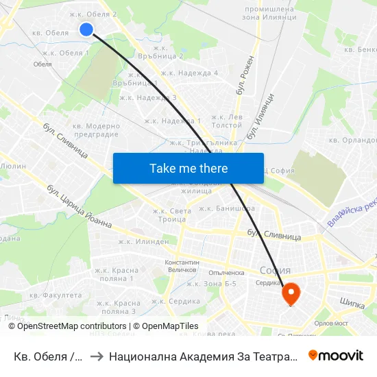 Кв. Обеля / Obelya Qr. (0873) to Национална Академия За Театрално И Филмово Изкуство Кръстьо Сарафов map