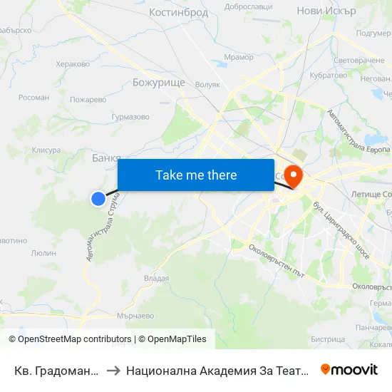 Кв. Градоман / Gradoman Qr. (0832) to Национална Академия За Театрално И Филмово Изкуство Кръстьо Сарафов map