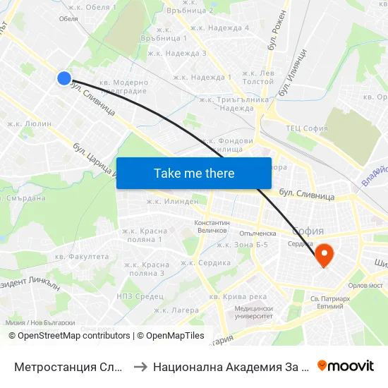 Ⓜ️ Метростанция Сливница / Slivnitsa Metro Station (1060) to Национална Академия За Театрално И Филмово Изкуство Кръстьо Сарафов map