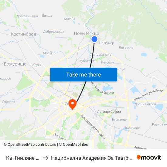 Кв. Гниляне / Gnilyane Qr. (0827) to Национална Академия За Театрално И Филмово Изкуство Кръстьо Сарафов map