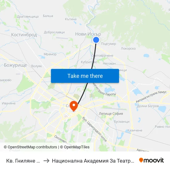 Кв. Гниляне / Gnilyane Qr. (0827) to Национална Академия За Театрално И Филмово Изкуство Кръстьо Сарафов map