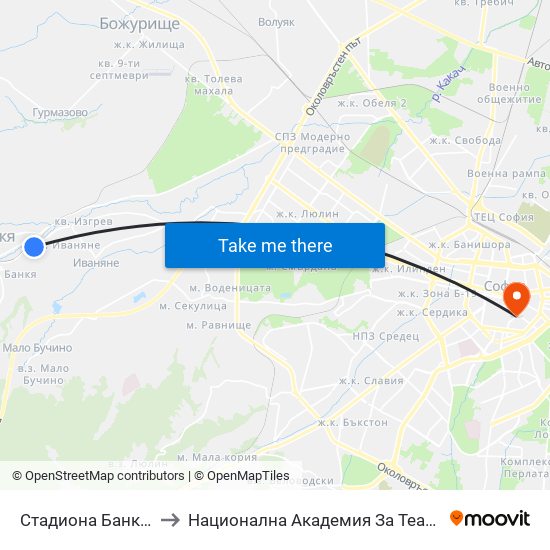 Стадиона Банкя / Bankya Stadium (1620) to Национална Академия За Театрално И Филмово Изкуство Кръстьо Сарафов map