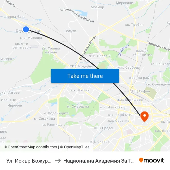 Ул. Искър Божурище / Iskar St. Bozhurishte(2602) to Национална Академия За Театрално И Филмово Изкуство Кръстьо Сарафов map