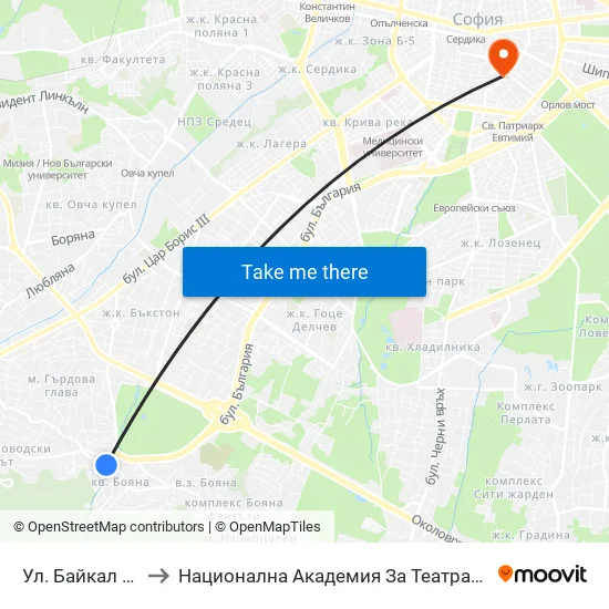Ул. Байкал / Baykal St. (1836) to Национална Академия За Театрално И Филмово Изкуство Кръстьо Сарафов map