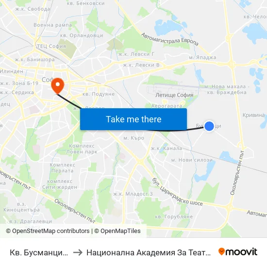 Кв. Бусманци / Busmantsi Qr. (0816) to Национална Академия За Театрално И Филмово Изкуство Кръстьо Сарафов map