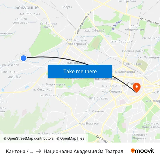 Кантона / Kantona (0790) to Национална Академия За Театрално И Филмово Изкуство Кръстьо Сарафов map