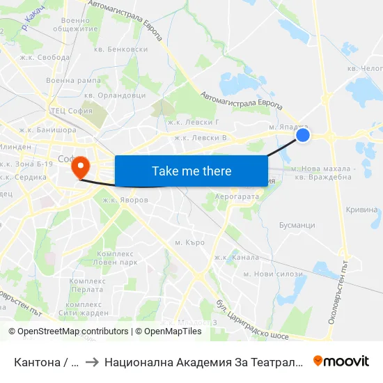 Кантона / Kantona (0788) to Национална Академия За Театрално И Филмово Изкуство Кръстьо Сарафов map