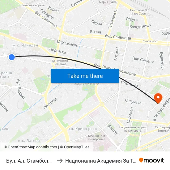Бул. Ал. Стамболийски / Al. Stamboliyski Blvd. (0282) to Национална Академия За Театрално И Филмово Изкуство Кръстьо Сарафов map