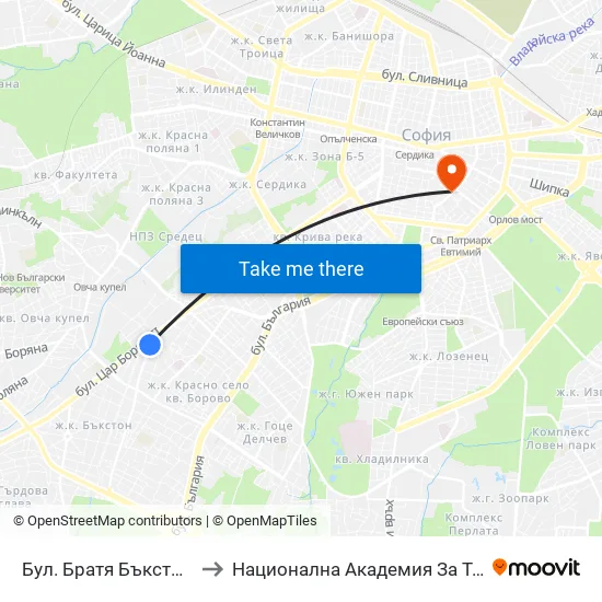 Бул. Братя Бъкстон / Buckstone Brothers Blvd. (0289) to Национална Академия За Театрално И Филмово Изкуство Кръстьо Сарафов map