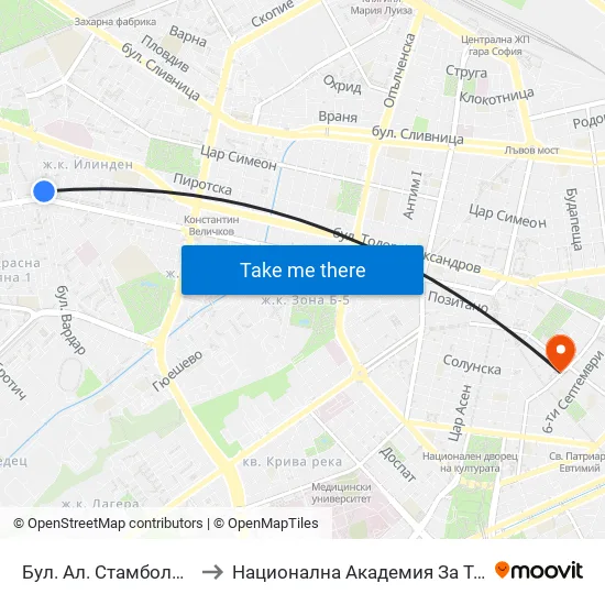 Бул. Ал. Стамболийски / Al. Stamboliyski Blvd. (0281) to Национална Академия За Театрално И Филмово Изкуство Кръстьо Сарафов map