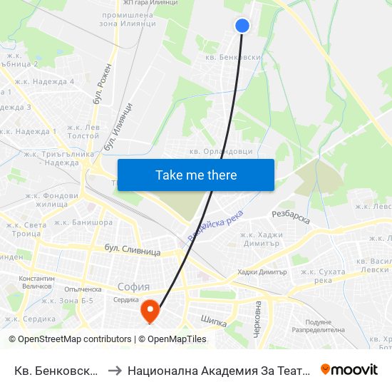 Кв. Бенковски / Benkovski Qr. (0806) to Национална Академия За Театрално И Филмово Изкуство Кръстьо Сарафов map