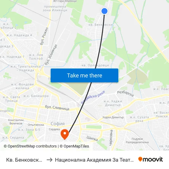 Кв. Бенковски / Benkovski Qr. (0806) to Национална Академия За Театрално И Филмово Изкуство Кръстьо Сарафов map