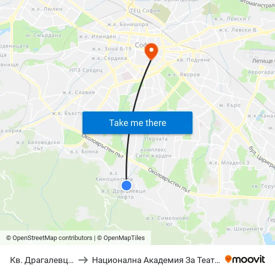 Кв. Драгалевци / Dragalevtsi Qr. (0834) to Национална Академия За Театрално И Филмово Изкуство Кръстьо Сарафов map
