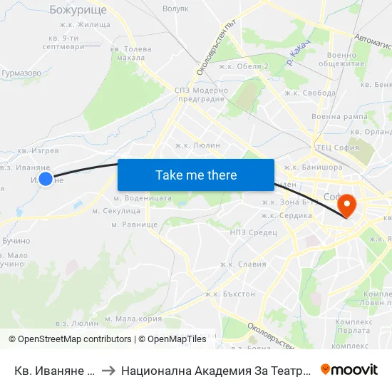 Кв. Иваняне / Ivanyane Qr. (0840) to Национална Академия За Театрално И Филмово Изкуство Кръстьо Сарафов map