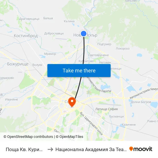 Поща Кв. Курило / Kurilo Post Office (1408) to Национална Академия За Театрално И Филмово Изкуство Кръстьо Сарафов map