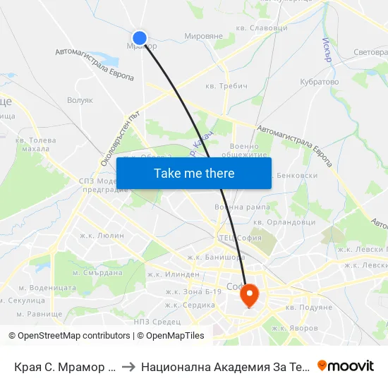 Края С. Мрамор / End Of Mramor Village (0439) to Национална Академия За Театрално И Филмово Изкуство Кръстьо Сарафов map